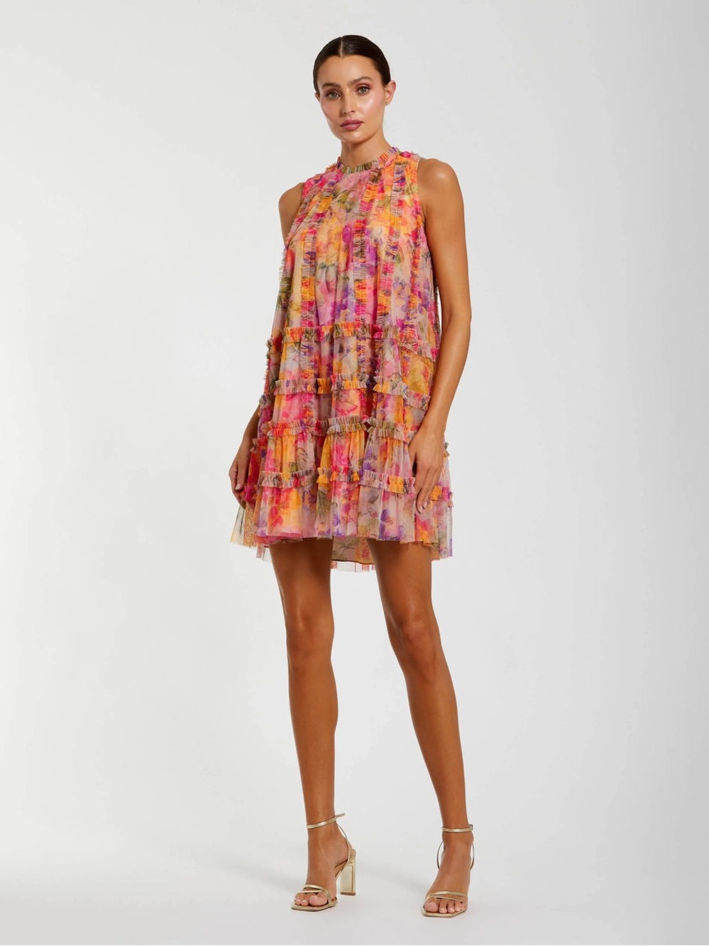 New MAC DUGGAL
Multicolor Printed Sleeveless High Neck Ruffle Mini Dress